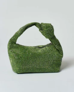 Borsa Anna Cecere in maglia di strass verde con nodo sul manico