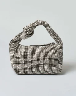 Borsa Anna Cecere in maglia di strass color argento con nodo sul manico