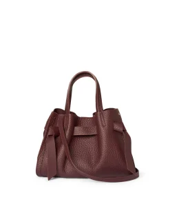 Borsa bordeaux Visonà misura piccola in pelle martellata con inserto abbinato a nodi e impunture a contrasto