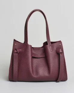Borsa bordeaux VisonĆ misura grande in pelle martellata con inserto abbinato a nodi e impunture a contrasto