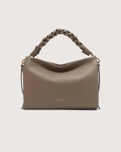 Borsa Coccinelle Boheme Medium in pelle color taupe con manico intrecciato