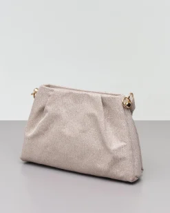 Borsa color platino in tessuto glitter con manico rivestito in strass argento
