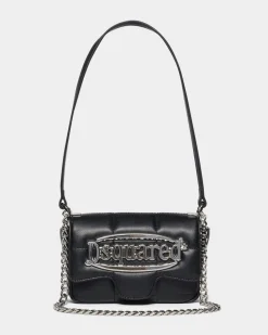 Borsa Dsquared2 nera trapuntata con tracolla e maxi logo color argento