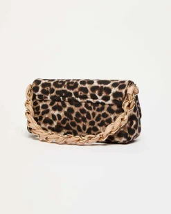 Borsa Emily Marella in tessuto a fantasia animalier con catena a intreccio e patta con fibbia logo dorata