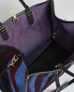 Borsa grande bordeaux My Best bag a motivo jacquard all over mongolfiere azzurre