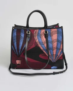 Borsa grande bordeaux My Best bag a motivo jacquard all over mongolfiere azzurre