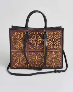 Borsa grande marrone My Best Bag in tessuto con ricami a rilievo color cammello d'ispirazione orientale