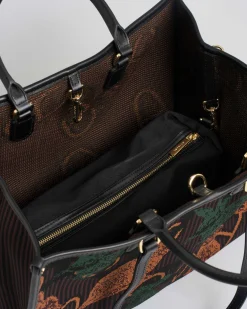 Borsa grande My Best bag a righe marroni e nere in tessuto intrecciato con conigli jacquard verdi e arancioni