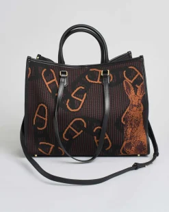 Borsa grande My Best bag a righe marroni e nere in tessuto intrecciato con conigli jacquard verdi e arancioni