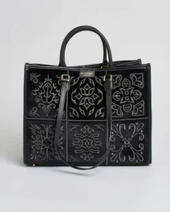 Borsa grande nera My Best Bag in tessuto con ricami a rilievo tono su tono d'ispirazione orientale