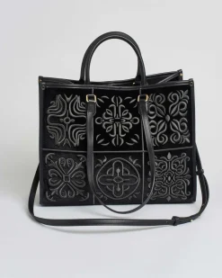 Borsa grande nera My Best Bag in tessuto con ricami a rilievo tono su tono d'ispirazione orientale