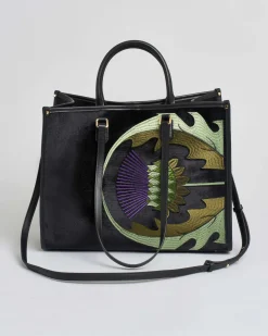 Borsa grande nera My Best Bag in tessuto semilucido con ricami floreali viola e verdi fronte e retro
