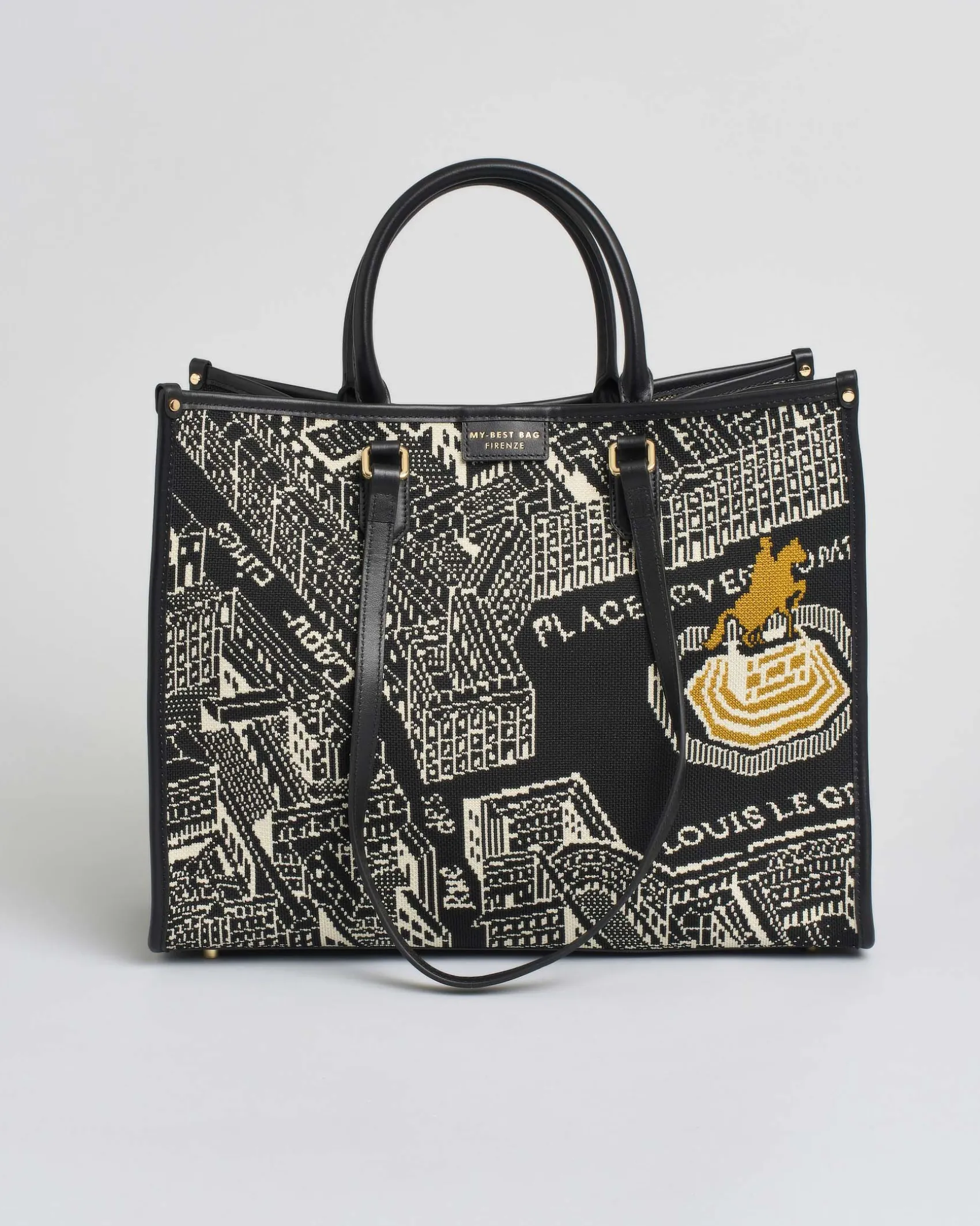 Borsa grande nera My Best bag a motivo jacquard bianco Parigi Place Vendome