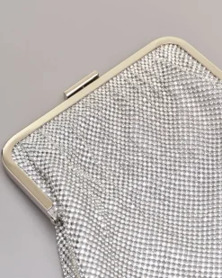 Borsa in maglia di strass argento con chiusura in metallo e tracolla a catena removibile