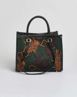 Borsa media My Best bag a righe nere e verdi in tessuto intrecciato con motivo a catena e conigli a contrasto