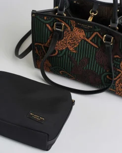 Borsa media My Best bag a righe nere e verdi in tessuto intrecciato con motivo a catena e conigli a contrasto