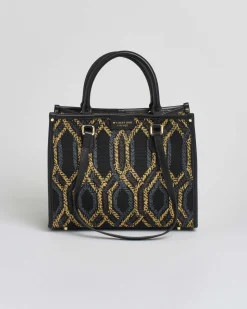 Borsa media My Best bag nera in tessuto intrecciato a motivo jacquard geometrico grigio e oro