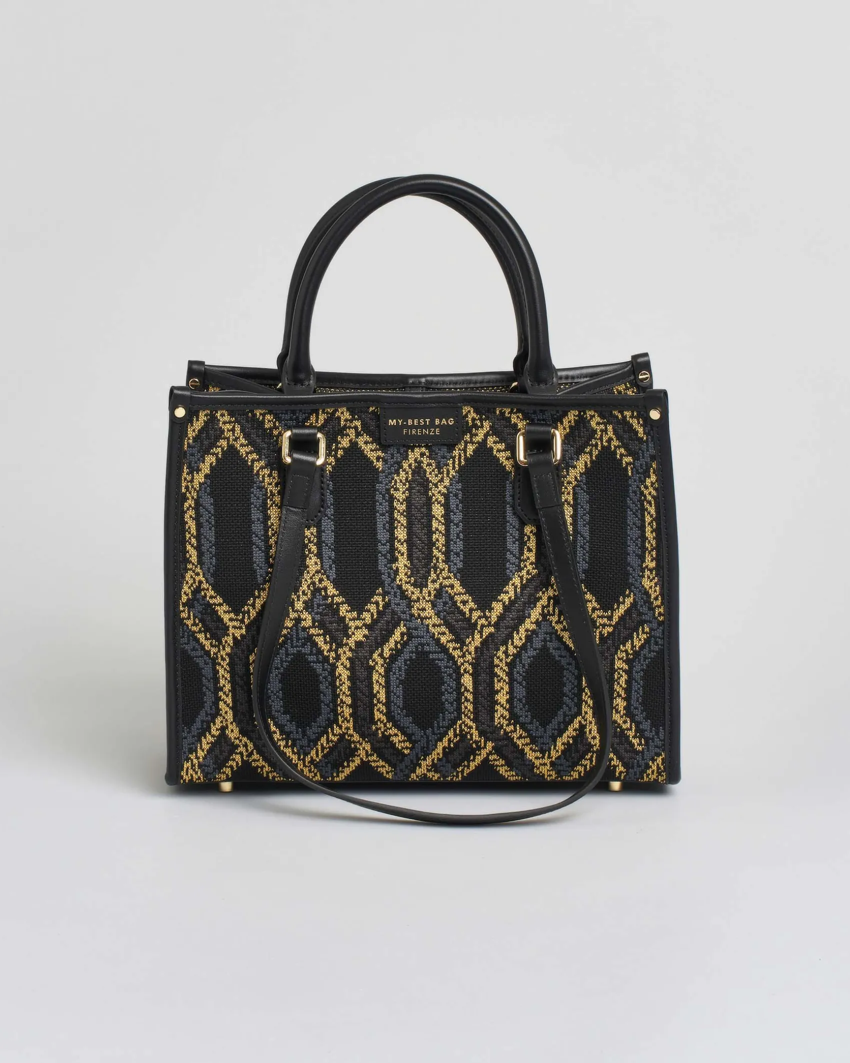 Borsa media My Best bag nera in tessuto intrecciato a motivo jacquard geometrico grigio e oro