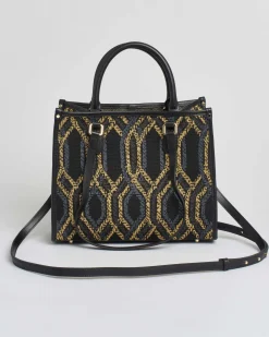 Borsa media My Best bag nera in tessuto intrecciato a motivo jacquard geometrico grigio e oro