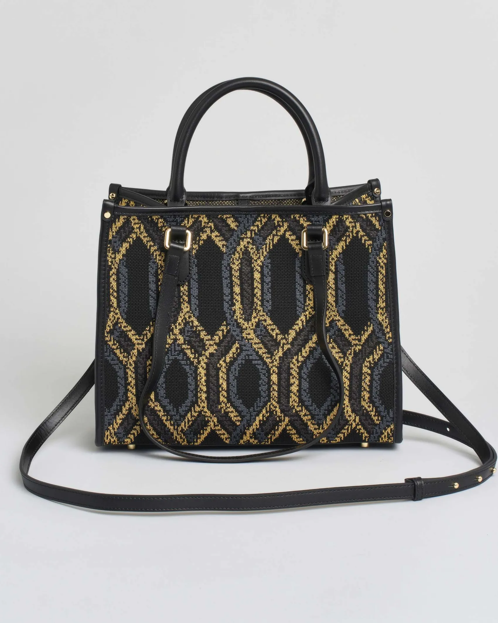 Borsa media My Best bag nera in tessuto intrecciato a motivo jacquard geometrico grigio e oro