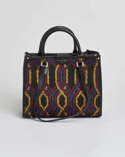 Borsa media My Best bag nera in tessuto intrecciato a motivo jacquard geometrico rosso e blu