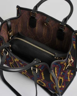 Borsa media My Best bag nera in tessuto intrecciato a motivo jacquard geometrico rosso e blu