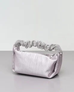 Borsa mini a mano color argento in raso goffrato con manico rivestito in strass tono su tono