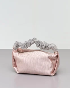 Borsa mini a mano rosa cipria in raso goffrato con manico rivestito in strass argento