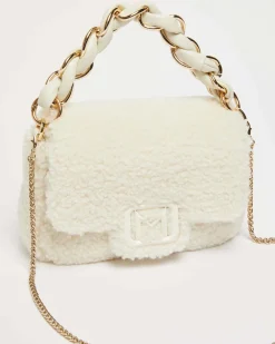 Borsa mini bianca in tessuto furry imbottita Marella con fibbia logo tono su tono