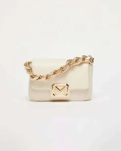 Borsa mini bianca Marella in similpelle liscia con fibbia logo dorata e catena intrecciata