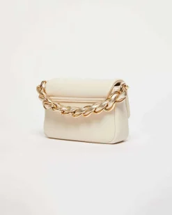 Borsa mini bianca Marella in similpelle liscia con fibbia logo dorata e catena intrecciata