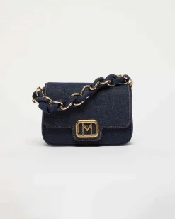 Borsa mini blu in denim Marella con fibbia logo dorata in micro cristalli applicati e catena intrecciata