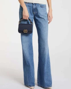 Borsa mini blu in denim Marella con fibbia logo dorata in micro cristalli applicati e catena intrecciata