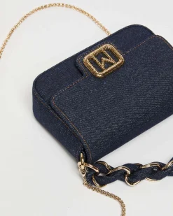 Borsa mini blu in denim Marella con fibbia logo dorata in micro cristalli applicati e catena intrecciata