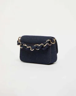 Borsa mini blu in denim Marella con fibbia logo dorata in micro cristalli applicati e catena intrecciata