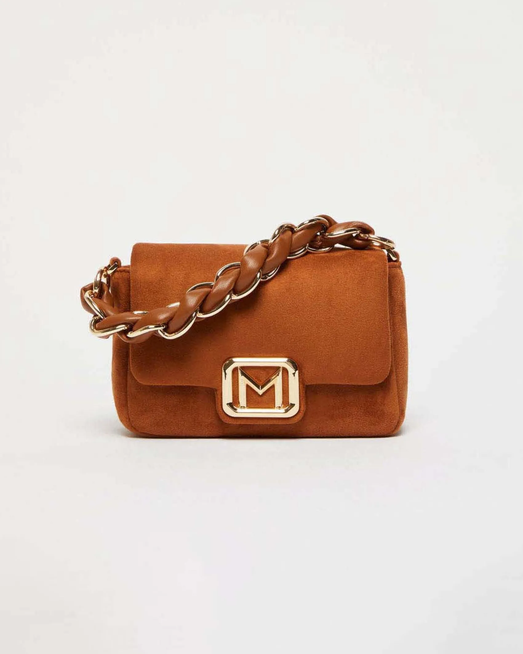 Borsa mini color cuoio in suede Marella con fibbia logo dorata e catena intrecciata