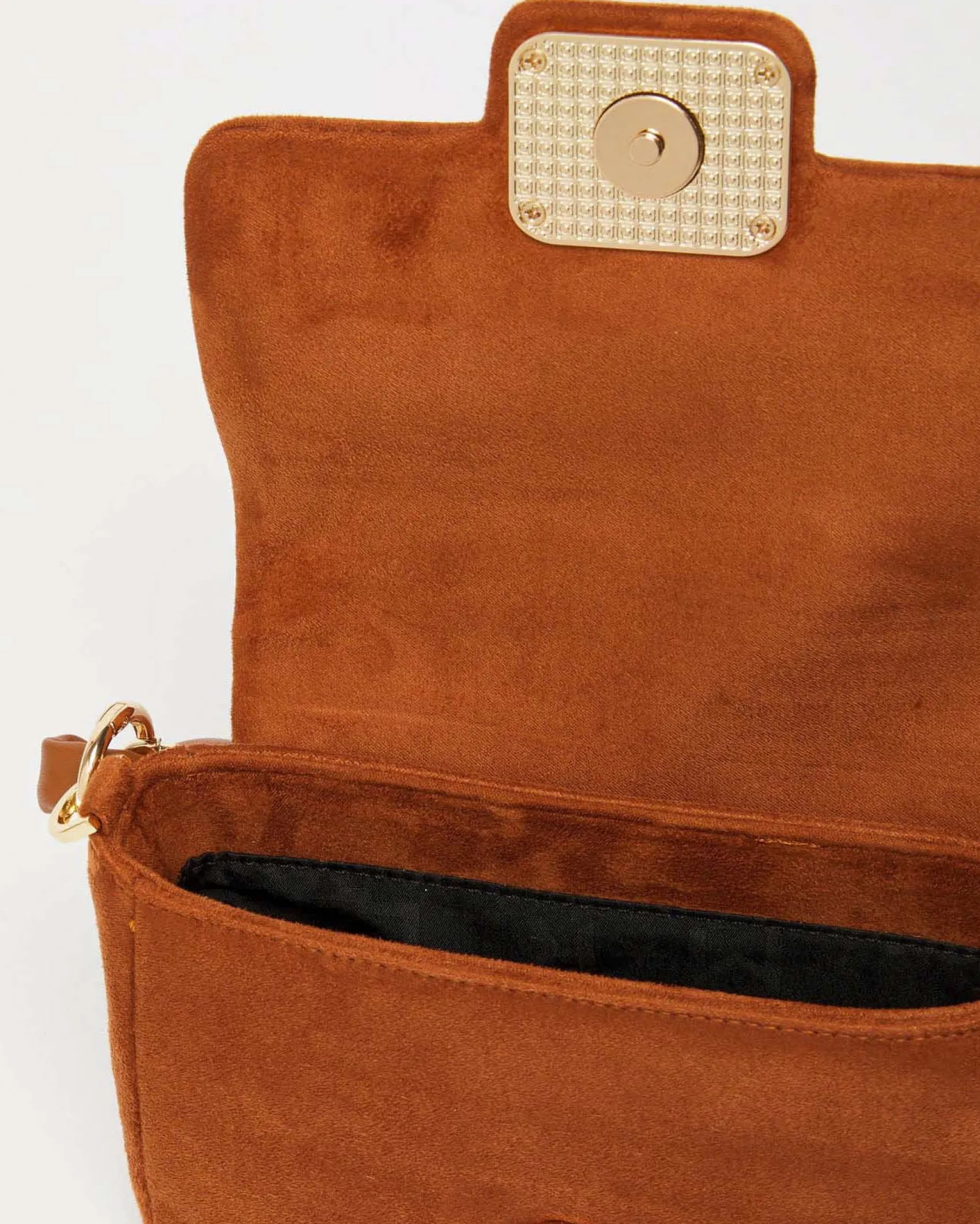 Borsa mini color cuoio in suede Marella con fibbia logo dorata e catena intrecciata