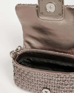 Borsa mini color piombo Marella in similpelle intrecciato effetto laminato con catena a intreccio