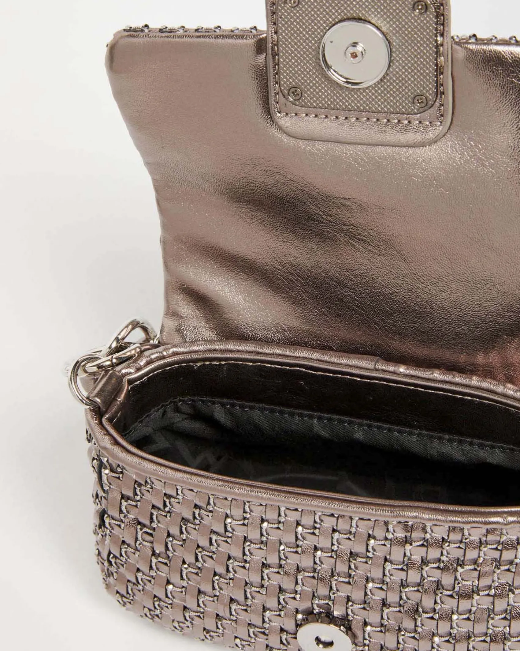 Borsa mini color piombo Marella in similpelle intrecciato effetto laminato con catena a intreccio