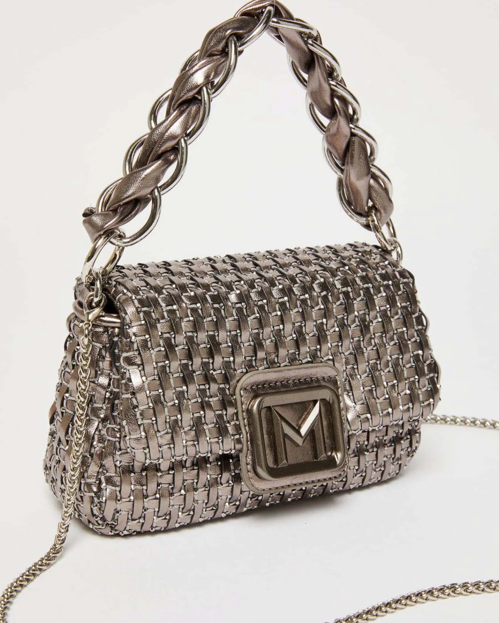 Borsa mini color piombo Marella in similpelle intrecciato effetto laminato con catena a intreccio