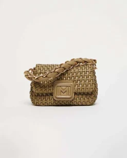 Borsa mini verde militare Marella in similpelle intrecciato con catena a intreccio e patta con fibbia smaltata tono su tono