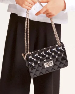 Borsa Monnalisa nera trapuntata con tracolla a catena e strass