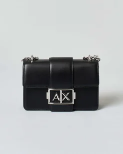 Borsa nera Armani Exchange in similpelle liscia con patta di chiusura e fibbia logo in metallo