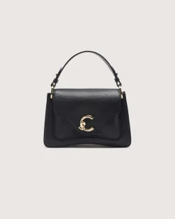 Borsa nera C-me small in pelle martellata con fibbia logo sulla patta di chiusura