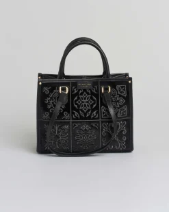 Borsa nera misura media My Best Bag in tessuto con ricami a rilievo tono su tono d'ispirazione orientale