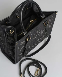 Borsa nera misura media My Best Bag in tessuto con ricami a rilievo tono su tono d'ispirazione orientale