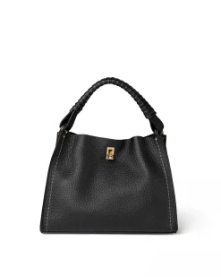Borsa nera Visonà in pelle martellatamisura media con manico intrecciato e tracolla più lunga removibile