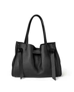 Borsa nera Visonà misura grande in pelle martellata con inserto abbinato a nodi e impunture a contrasto
