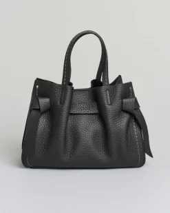Borsa nera Visonà misura piccola in pelle martellata con inserto abbinato a nodi e impunture a contrasto