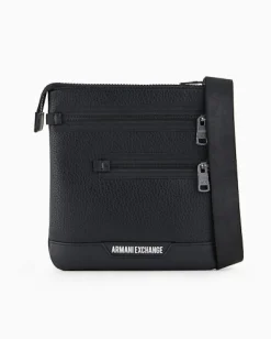 Borsa piatta Armani Exchange nera in similpelle martellata